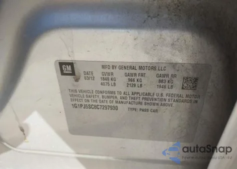 2012 Chevrolet Cruze Eco from USA, damaged, VIN 1G1PJ5SC8C7297930
